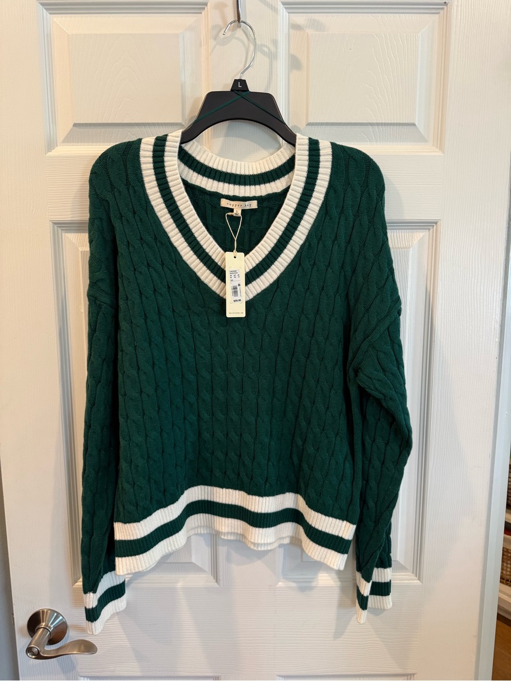 Copper Key Forest Green V-Neck Sweater with White Trim